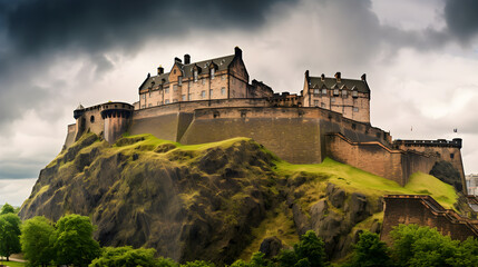 Fototapeta na wymiar Majestic Panorama of Edinburgh Castle on Cloudy Sky Peak