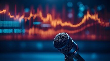 Microphone with waveform on blue background, broadcasting or podcasting banner with colour wave - obrazy, fototapety, plakaty