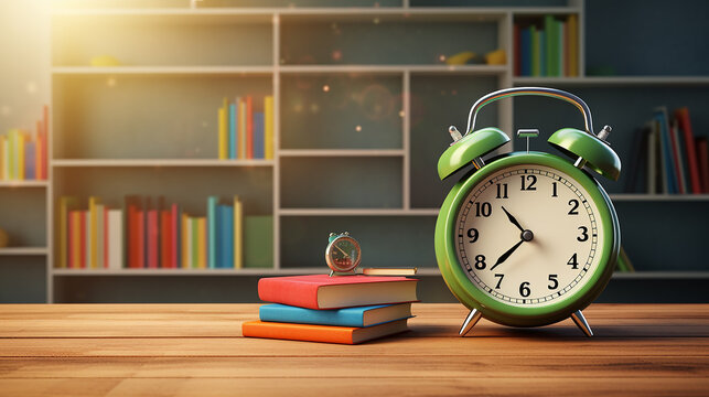 ready for school concept background with books and alarm