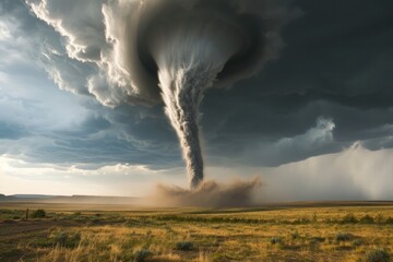 A powerful tornado sweeps across a stormy landscape