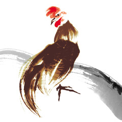 軍鶏の水墨画イラスト