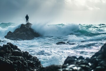 A lone man stands on a rocky island, surrounded by stormy ocean waves. This represents the concept of failure, crisis, and lost opportunities in business and education