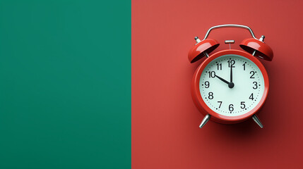 top view flat lay red alarm clock on green red background - obrazy, fototapety, plakaty