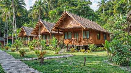 Fototapeta na wymiar Tropical bungalows nestled among lush palms.