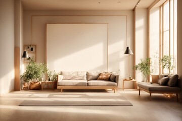 A vacant frame on the wall Modern beige Interior with geometrical sunlight, shadows and natural decor