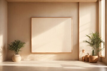 Empty frame on wall Modern beige Interior with geometrical sunlight, shadows and natural decor