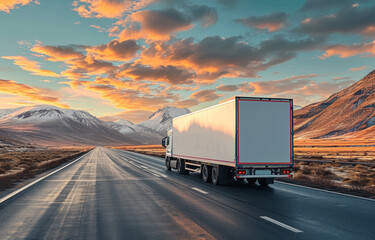A white cargo truck with a white blank empty trailer for ad on a highway road in the united states.