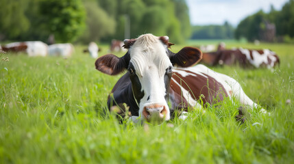 Cow lying in a green field, relaxed.