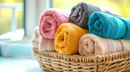 Rolled towels in basket with sunny backdrop.