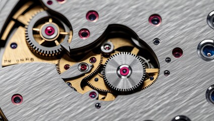 Close-Up View of Intricate Watch Mechanism Featuring Gears, Cogs, and Ruby Bearings on a Textured...