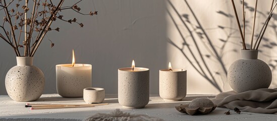 Modern home accessory: handcrafted scented concrete candles with matches, wick trimmer, and candle bell. - obrazy, fototapety, plakaty
