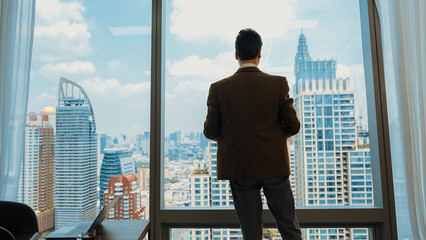 Back view ambitious businessman standing in ornamented office gazing out window to cityscape...