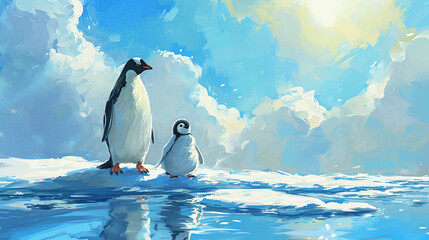 氷上のかわいいペンギン親子のイラスト　Generative AI - obrazy, fototapety, plakaty