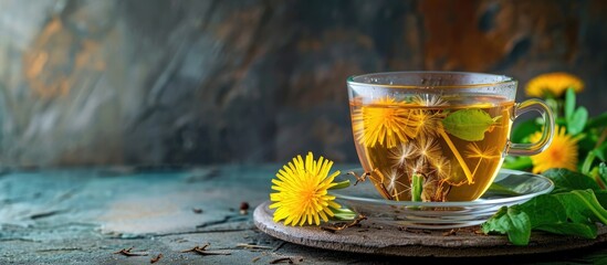 A cup of tea with dandelion roots and leaves in a glass.