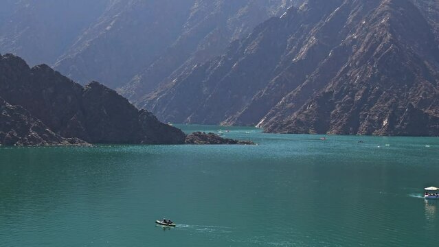 beautiful landscape view of Hatta dam lake and Hajar mountain in the Dubai, United Arab Emirates