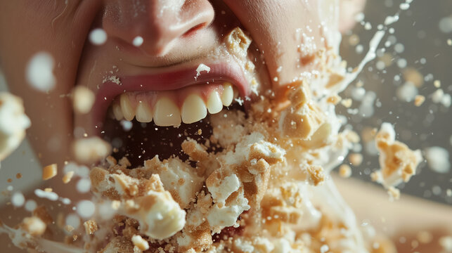 Mouth catching exploding cake pieces.