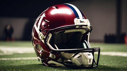 Close-Up of Maroon and Blue Football Helmet with White Star Design on Green Field Under Bright...