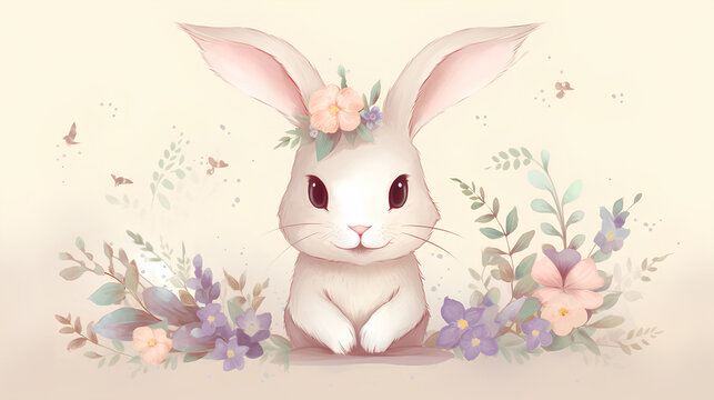 Happy Easter spring bunny in flowers on a light background. Watercolour.