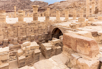 Remains of buildings in Roman part in the Nabatean Kingdom of Petra in the Wadi Musa city in Jordan