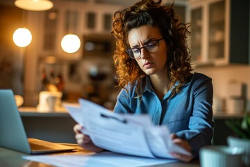 A woman looks despondently at her tax paperwork - obrazy, fototapety, plakaty