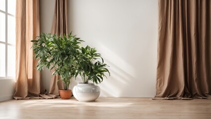 Plant up against a mockup of a white wall. White wall mockup with wood floor, brown curtain, and plant