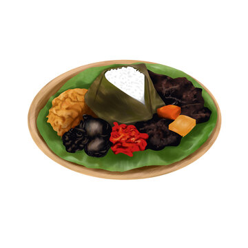 Indonesian tradisional food illustration, nasi jamblang