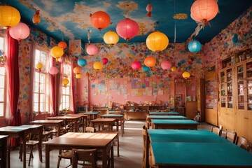 Fototapeta na wymiar vibrant and colorful school room with whimsical decorations, featuring hand-painted murals and paper lanterns hanging from the ceiling