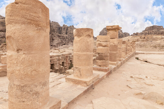 Remains of columns of the main hall in the Roman part of the Nabataean Kingdom of Petra in the Wadi Musa city in Jordan