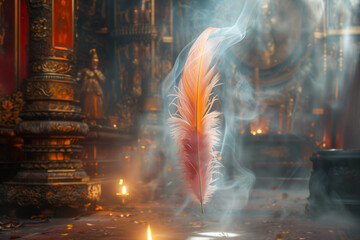 Iridescent phoenix feather, ablaze with rebirth, dances in sacred smoke. Ancient temple whispers legends, golden glow ignites hope. Off-center, ethereal, blurred edges. Chinese New Year concept - obrazy, fototapety, plakaty