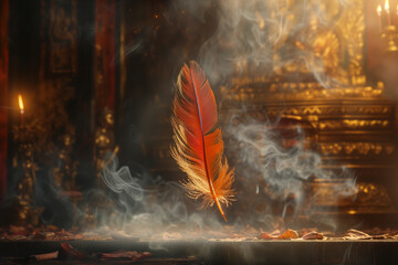 Iridescent phoenix feather, ablaze with rebirth, dances in sacred smoke. Ancient temple whispers legends, golden glow ignites hope. Off-center, ethereal, blurred edges. Chinese New Year concept - obrazy, fototapety, plakaty