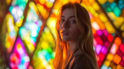 Fototapeta premium a young woman standing in front of stained glass, in the style of glowing colours. bold portrait, lightningwave, golden glow ignites. Off-center, captivating 