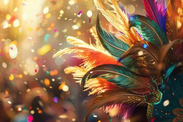 A close-up of a flamboyant dancer's headdress, adorned with iridescent feathers in shades of emerald, crimson, and gold. Carnival, 