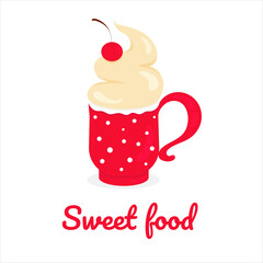 Delicious sweet Drink with cherry. Red Cup with Tasty Cream  Flat Cartoon Vector Illustration on white background