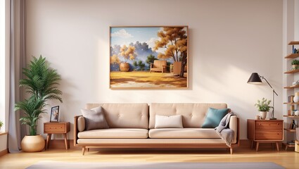 in a vacant living room with white walls, a painting, a wooden cabinet, and a copy of where the sofa is 