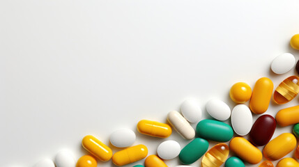 A variety of colorful medication pills and capsules arranged on a clean white background, depicting pharmaceutical diversity.
