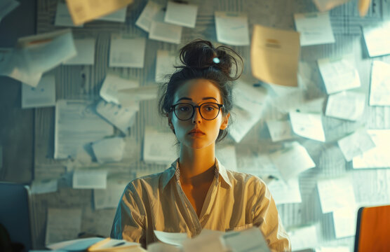 The Girl Is Stressed With A Pile Of Paperwork That Needs To Be Done At The Office