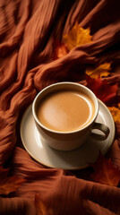 A warm cup of coffee nestled among russet autumn leaves, evoking a cozy, peaceful fall atmosphere.