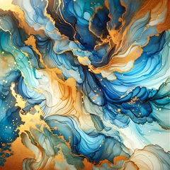Küchenrückwand glas motiv Blue and yellow abstract waves in a serene ocean with a touch of gold, representing a tranquil seascape artwork with swirling patterns and soft lighting © Ubix