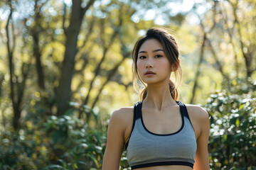 young slim Asian woman in sport clothes, nature background