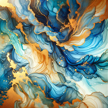 Blue And Yellow Abstract Waves In A Serene Ocean With A Touch Of Gold, Representing A Tranquil Seascape Artwork With Swirling Patterns And Soft Lighting