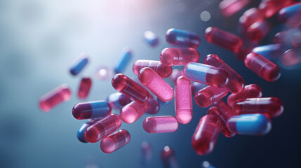 Medicine capsules floating in a surreal blue light, depicting innovation in pharmaceuticals and healthcare.