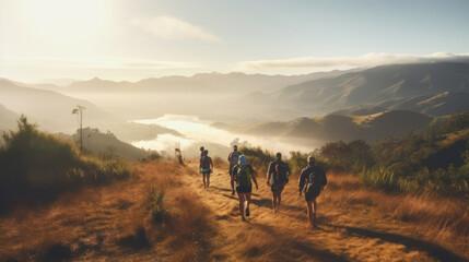A group of hikers trekking along a trail in a mountainous landscape during a beautiful sunrise.