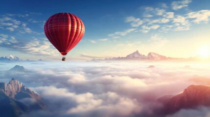 Serene sunrise with a hot air balloon floating over misty mountain peaks and clouds.