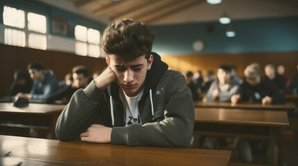 A teenage boy appears stressed and worried during an exam in a classroom full of students.