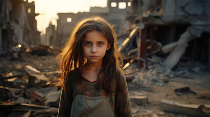 Portrait of a little girl against the backdrop of a bombed city