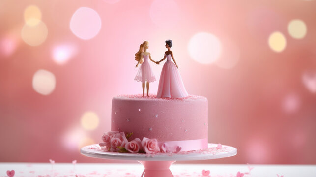A wedding cake featuring a female same-sex couple topper with a romantic pink bokeh background.