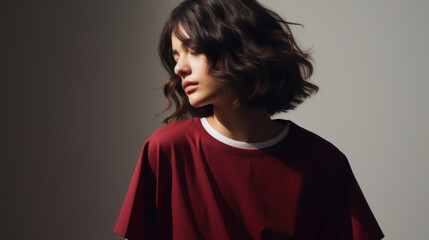 A fashionable young woman in a casual red top sporting a modern, wavy hairstyle with an air of confidence.