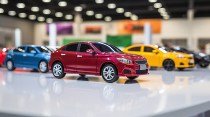 Fototapeta na wymiar Red model car in focus among various colored cars in a showroom, representing the automotive market.
