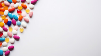Various colorful medication pills scattered on a white surface, symbolizing healthcare and pharmacy.