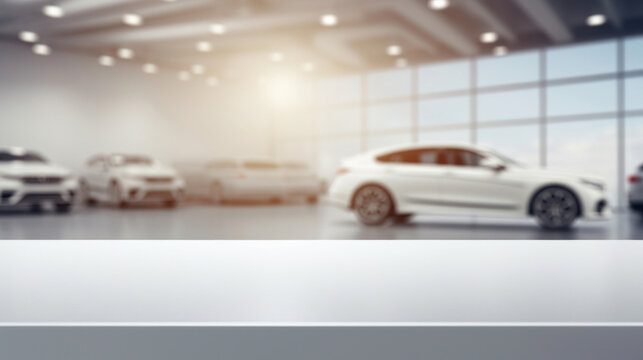 A modern car dealership showroom with blurred luxury cars, suggesting a premium automobile buying experience.